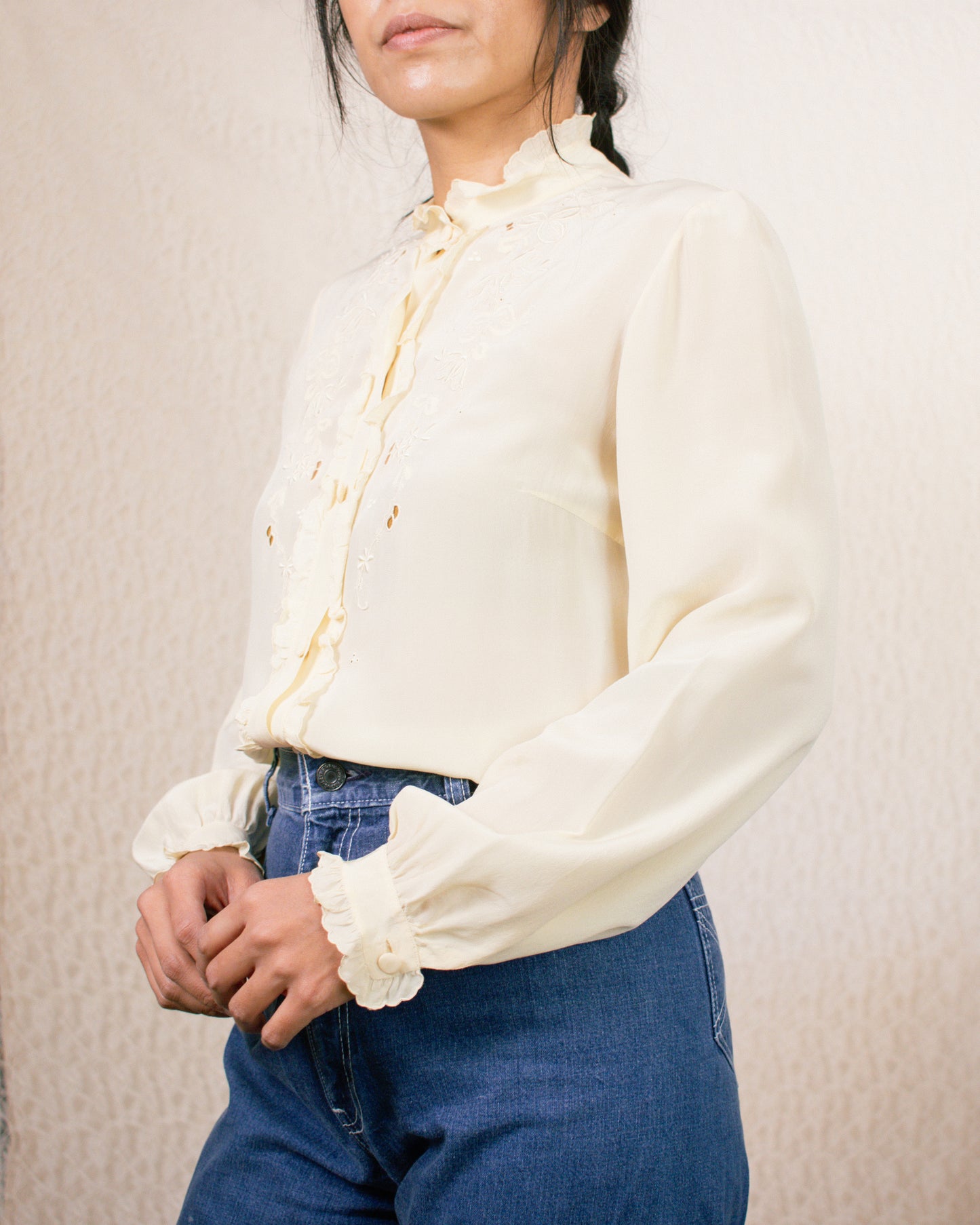 Vintage 50s Cream Silk Blouse | Size Small