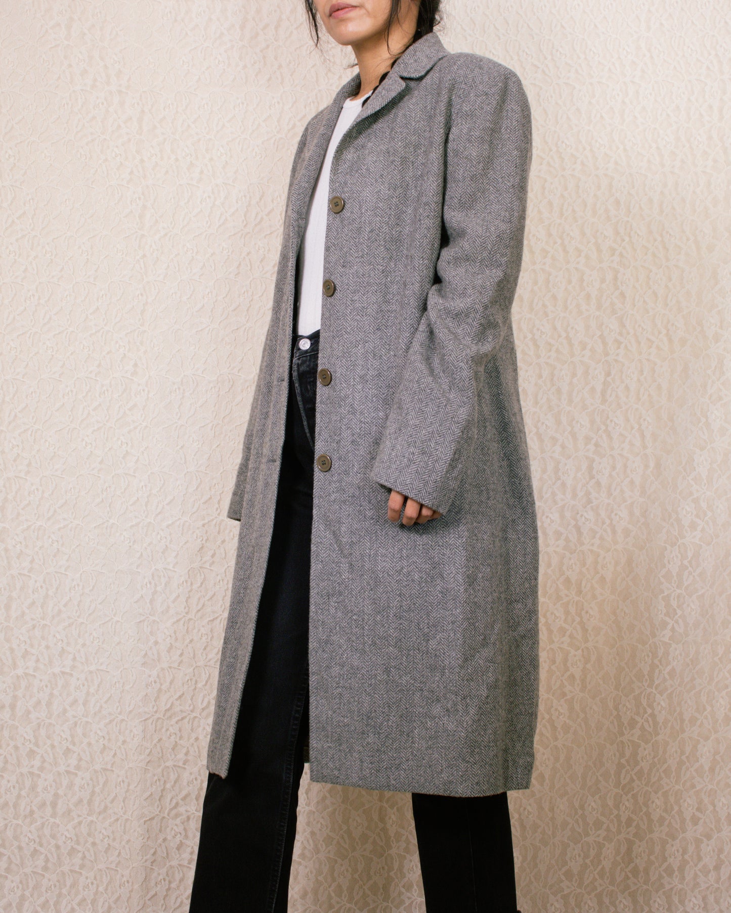 Vintage 90s Grey Houndstooth Coat | Size Small