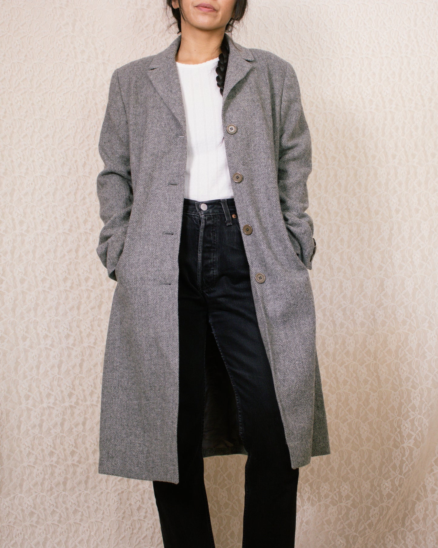 Vintage 90s Grey Houndstooth Coat | Size Small