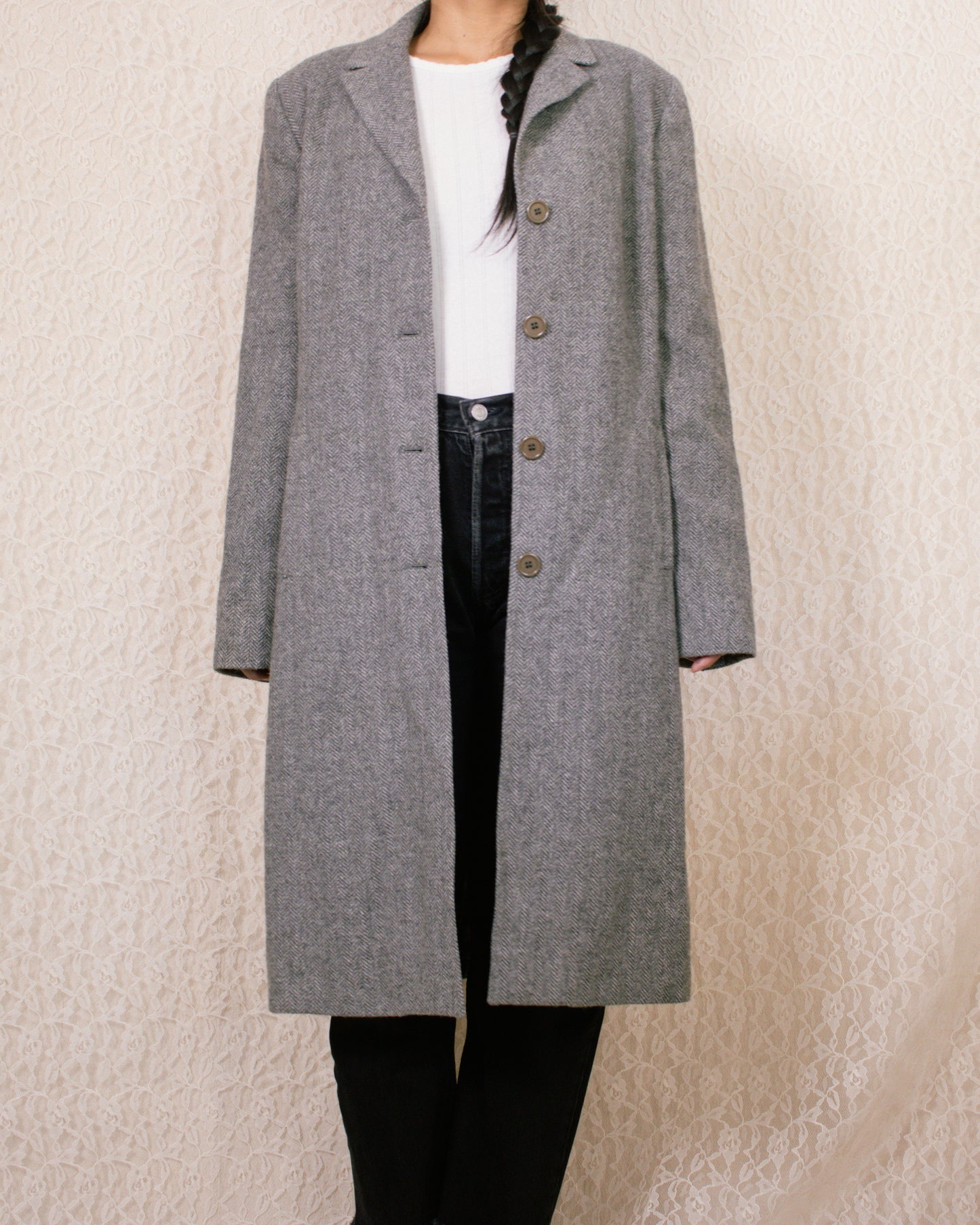 Vintage 90s Grey Houndstooth Coat | Size Small