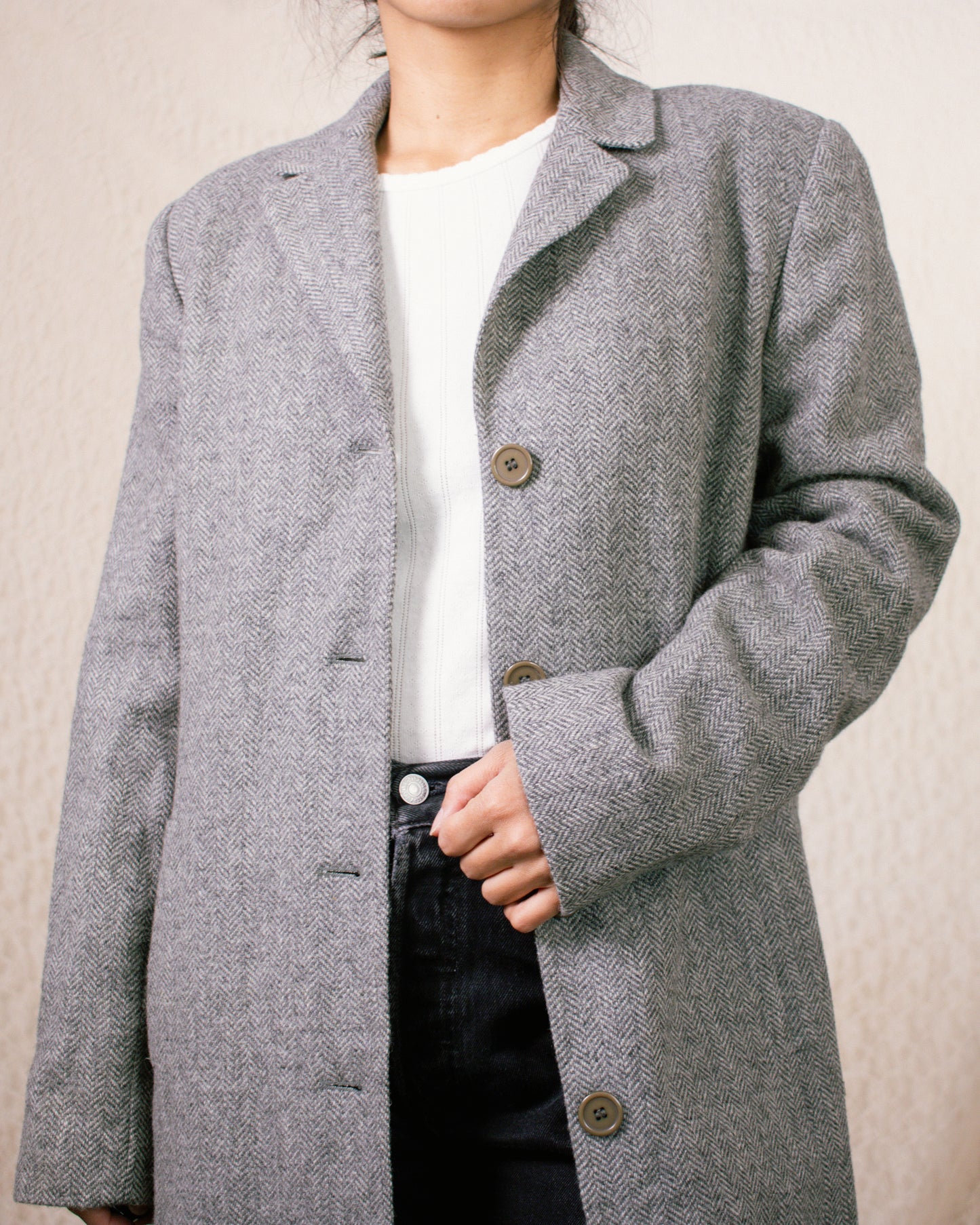 Vintage 90s Grey Houndstooth Coat | Size Small