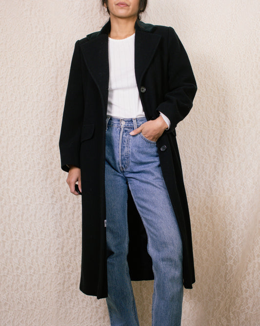 Vintage 70s Black Wool Coat | Size Small Petite