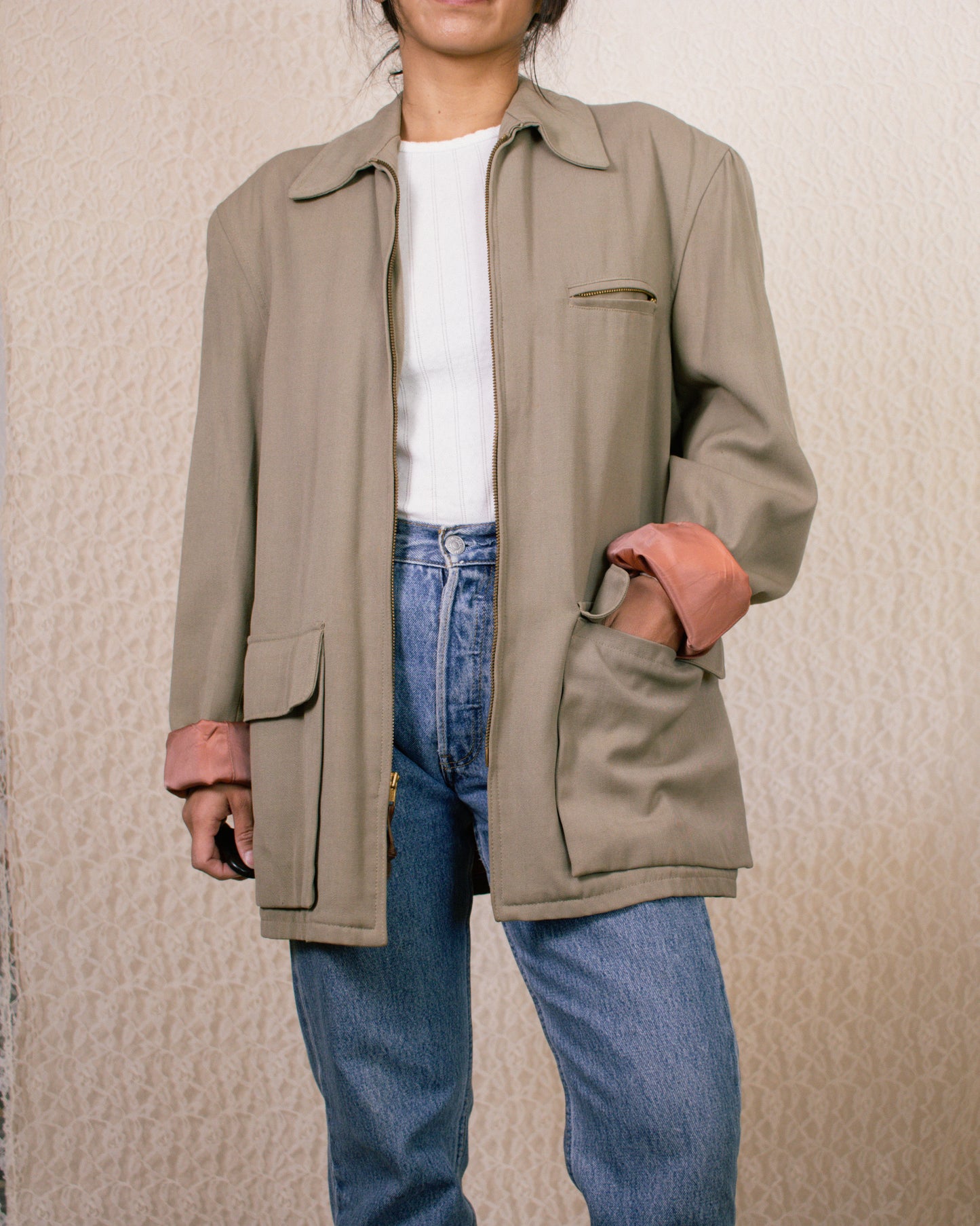 Vintage 50s Unisex Taupe Jacket | Women's Large, Men's S/M