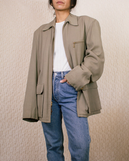 Vintage 50s Unisex Taupe Jacket | Women's Large, Men's S/M