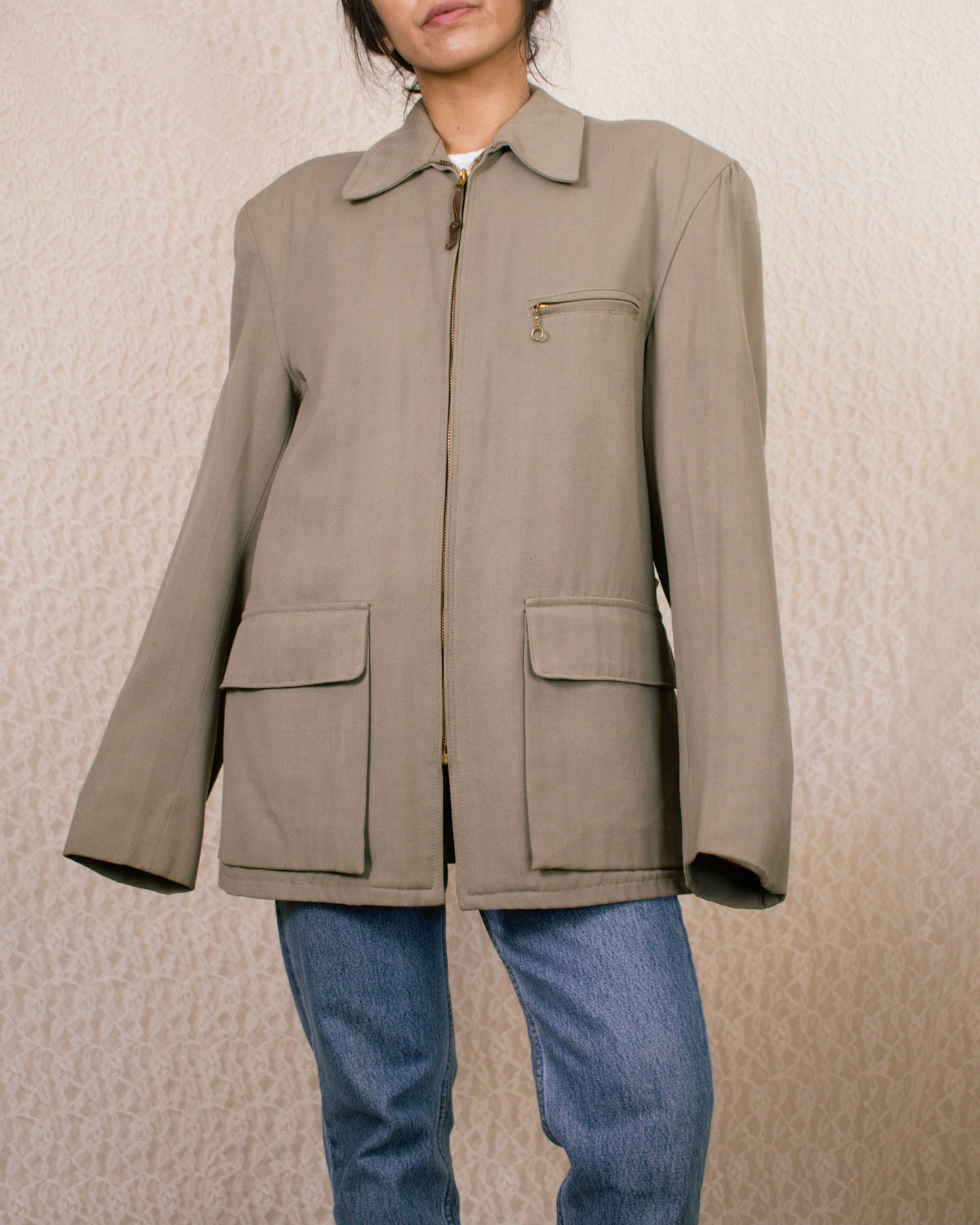 Vintage 50s Unisex Taupe Jacket | Women's Large, Men's S/M